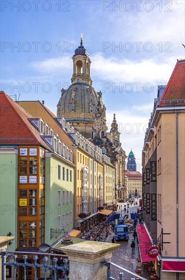 Famous and classic view of the Church of Our Lady from the Bruehlsche Terrasse down the Muenzgasse