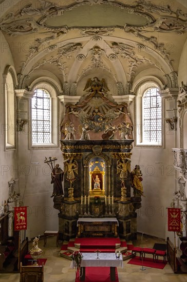 Interior view looking towards the altar of the Baroque pilgrimage and parish church of St. Maria auf dem Rechberg near the district of the same name in Schwaebisch Gmuend