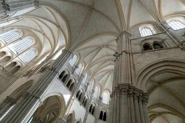 Vezelay labelled les Plus Beaux Villages de France. Architectural details of the nave of Basilica St Mary Magdalene.Unesco World heritage. Morvan regional natural park. Via Lemovicensis way to Santiago de Compostela. Yonne department. Bourgogne Franche Comte. France