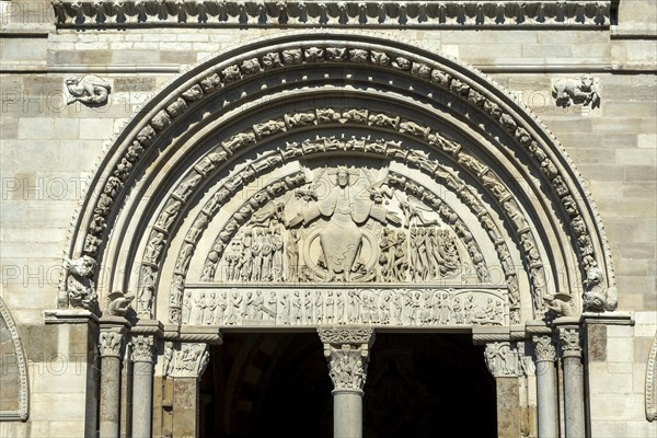 Vezelay labelled les Plus Beaux Villages de France. Morvan regional natural park. The tympanum of Basilica St Mary Magdalene porch