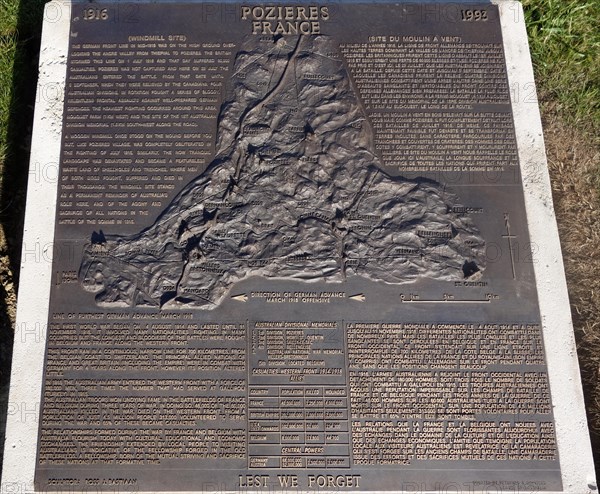 Bronze plaque showing the WWI front at the First World War One Windmill site at the Pozieres Ridge