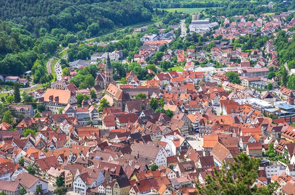 View from above over the small town of Bad Urach at the foot of the Swabian Alb