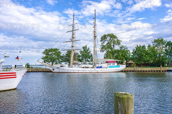 The sail training ship GREIF ex WILHELM PIECK at its berth in the city harbour of Greifswald-Wieck