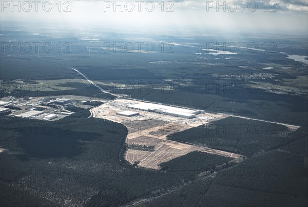 Aerial view of the Tesla Gigafactory Berlin-Brandenburg in Gruenheide. 23.04.2021.