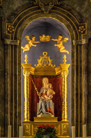 Altar with altarpiece of the Virgin Mary with the Child Jesus of the Baroque pilgrimage and parish church of St. Mary on the Rechberg near the district of the same name of Schwaebisch Gmuend