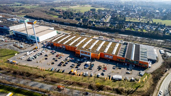 Aerial view. OBI DIY store in the Ortloh industrial estate in Recklinghausen