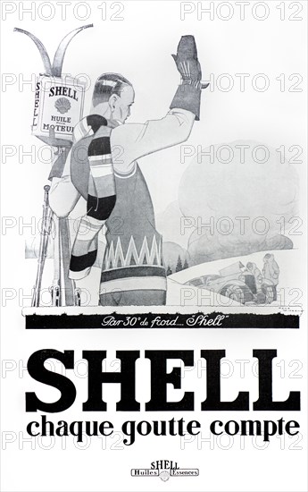 French black-and-white vintage advertisement for Shell oil in magazine