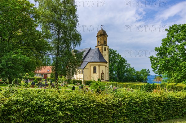 Exterior view of the Baroque pilgrimage and parish church of St. Maria auf dem Rechberg near the district of the same name in Schwaebisch Gmuend