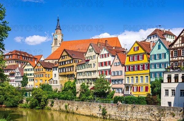 Beautiful view of the historic Neckar front in the old town of Tuebingen