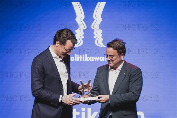 (R-L) Xavier Bettel, Prime Minister of Luxembourg, and Hendrik Wuest, CDU, Minister President of North Rhine-Westphalia, photographed at the Politikawards in Berlin, 22.05.2023., Berlin, Germany, Europe