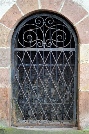 Skulls and bones at the charnel house of the Saint-Sebastien chapel at Dambach-la-Ville