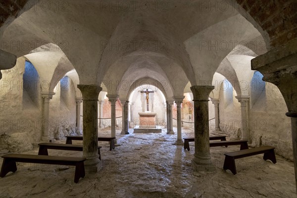 Vezelay labelled les Plus Beaux Villages de France. Crypt of Basilica St Mary Magdalene.Unesco World heritage. Morvan regional natural park. Via Lemovicensis way to Santiago de Compostela. Yonne department. Bourgogne Franche Comte. France