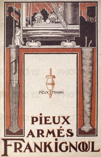 20th century vintage advertisement poster for expanded base cast-in-situ concrete Franki piles invented by Belgian engineer Edgard Frankignoul