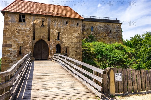 Bridge path and gatehouse of the Hohenrechberg castle ruins in Rechberg