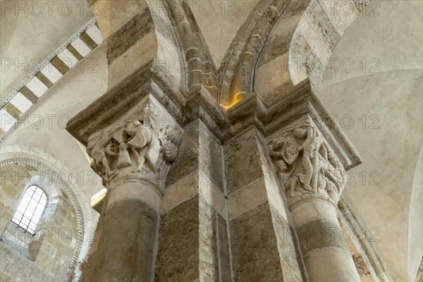 Vezelay labelled les Plus Beaux Villages de France. Sculptures atop the caoitals of Basilica St Mary Magdalene.Unesco World heritage. Morvan regional natural park. Via Lemovicensis way to Santiago de Compostela. Yonne department. Bourgogne Franche Comte. France