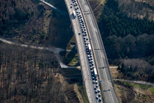 Traffic jam on the section of the BAB 45 just in front of the Rahmede viaduct. The bridge is closed to all traffic due to damage. North Rhine-Westphalia