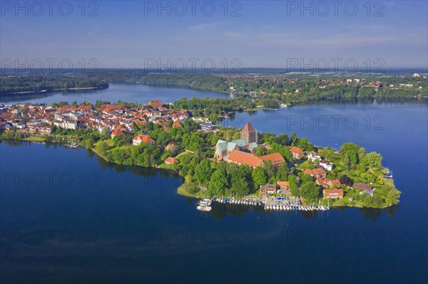 Aerial view over the Brick Romanesque Lutheran Ratzeburg Cathedral