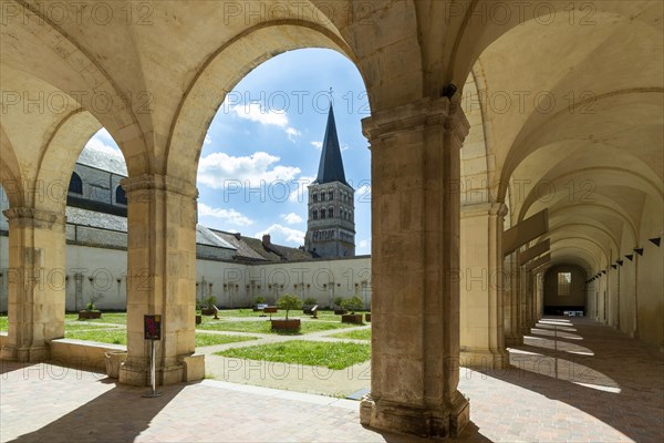 La Charite-sur-Loire. View on the Sainte-Croix tower from the cloister. Nievre department. Bourgogne-Franche-Comte. France