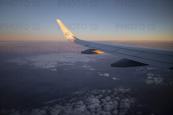 A Lufthansa aircraft flying to Frankfurt in the evening sun