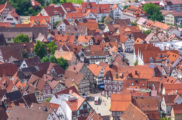 View from above over the small town of Bad Urach at the foot of the Swabian Alb