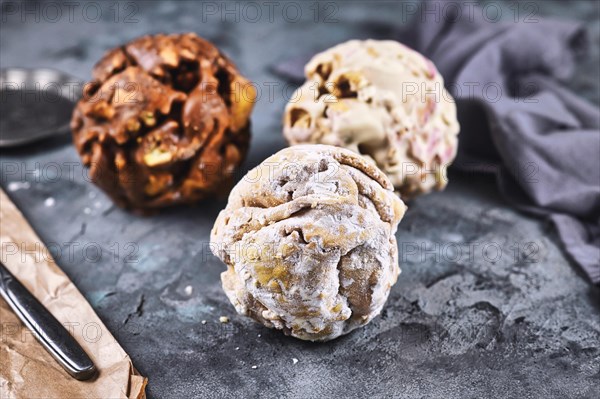 Different flavors of ball shaped traditional German sweet food called 'Schneeballen'