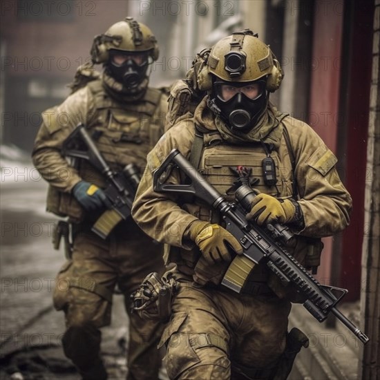 Soldiers with full combat gear in urban combat