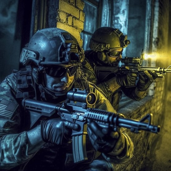 Soldiers with full combat gear in urban combat