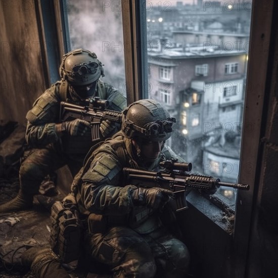 Soldiers with full combat gear in urban combat