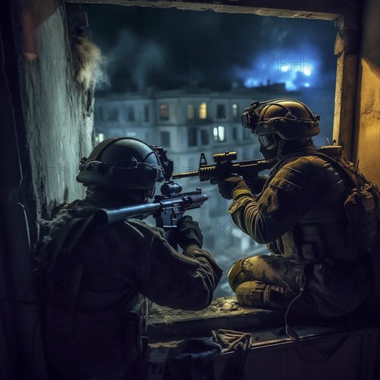 Soldiers with full combat gear in urban combat