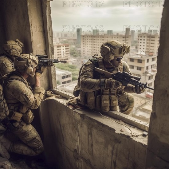 Soldiers with full combat gear in urban combat