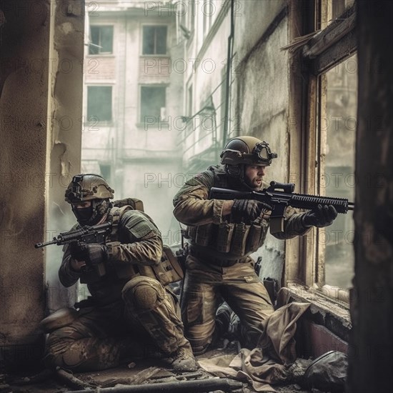 Soldiers with full combat gear in urban combat