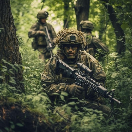 Soldiers with full combat gear in the battlefield