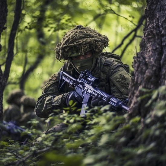 Soldiers with full combat gear in the battlefield