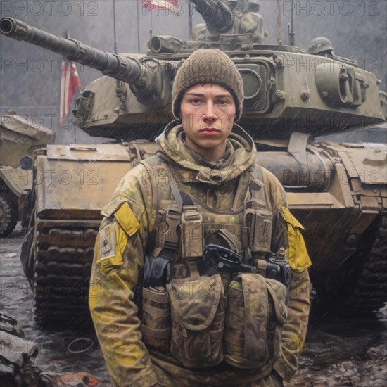 Soldiers proudly stand in front of their battle tank