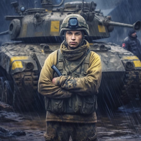 Soldiers proudly stand in front of their battle tank