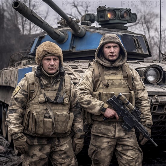 Soldiers proudly stand in front of their battle tank