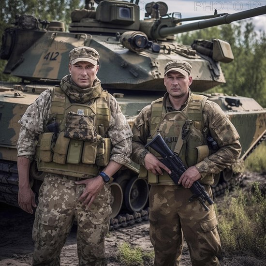 Soldiers proudly stand in front of their battle tank