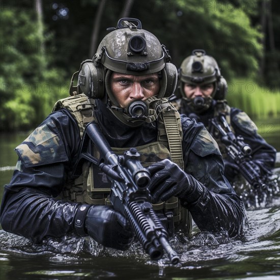 Soldiers with full combat gear in the battlefield