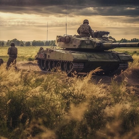 Soldiers with full battle gear and tanks in the battlefield