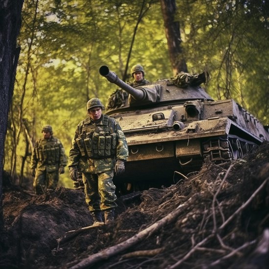 Soldiers with full battle gear and tanks in the battlefield