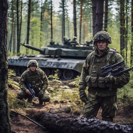 Soldiers with full battle gear and tanks in the battlefield