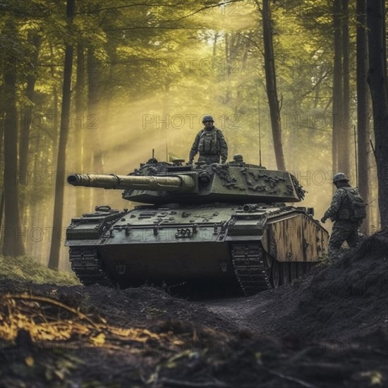 Soldiers with full battle gear and tanks in the battlefield