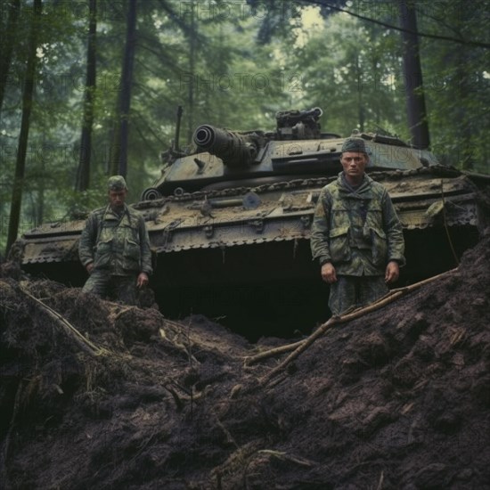 Soldiers with full battle gear and tanks in the battlefield