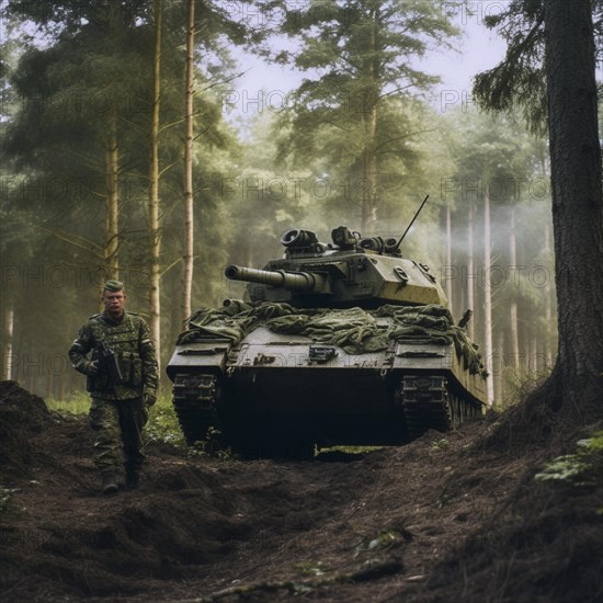 Soldiers with full battle gear and tanks in the battlefield