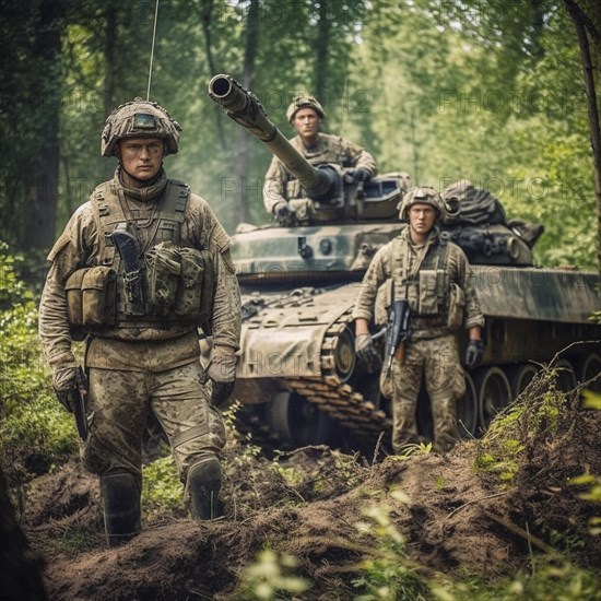 Soldiers with full battle gear and tanks in the battlefield