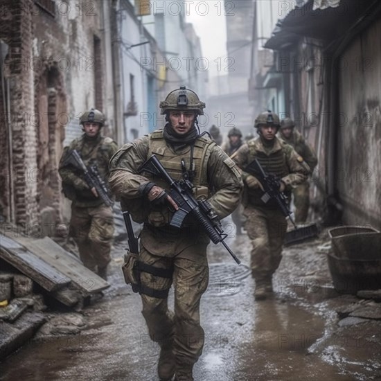 Soldiers with full combat gear in the battlefield