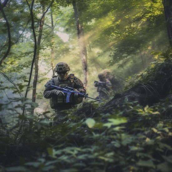 Soldiers with full combat gear in the battlefield