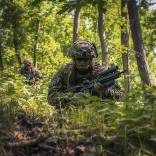 Soldiers with full combat gear in the battlefield