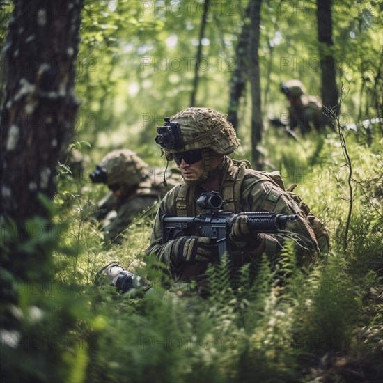 Soldiers with full combat gear in the battlefield