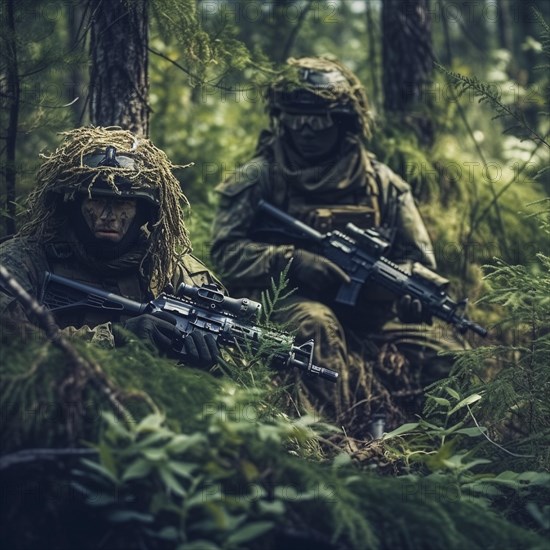 Soldiers with full combat gear in the battlefield